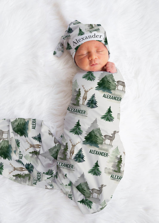 Personalized Forest Print Infant Swaddle Set