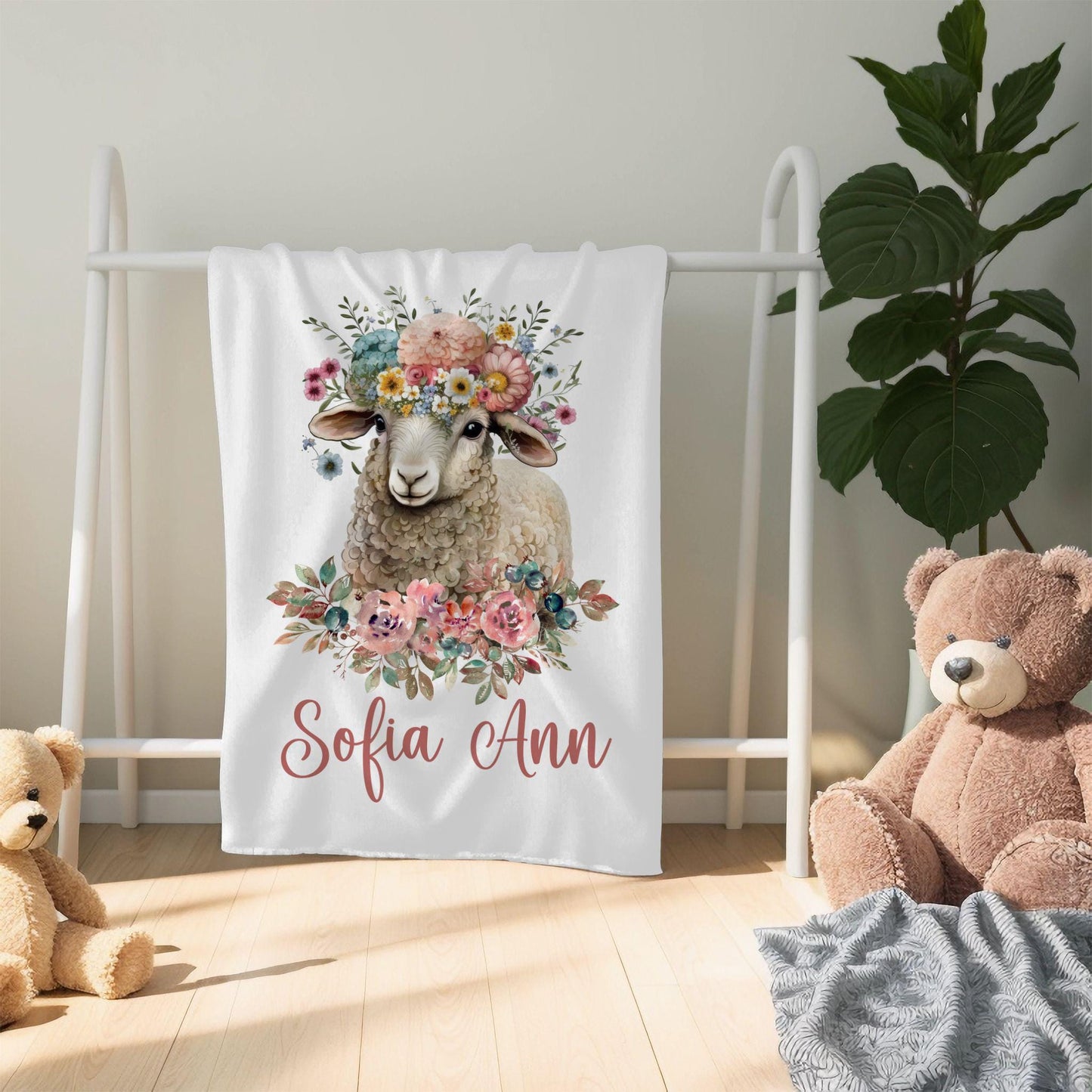 Sheep Floral Personalized Baby Blanket