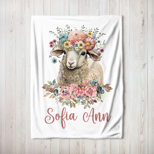 Sheep Floral Personalized Baby Blanket