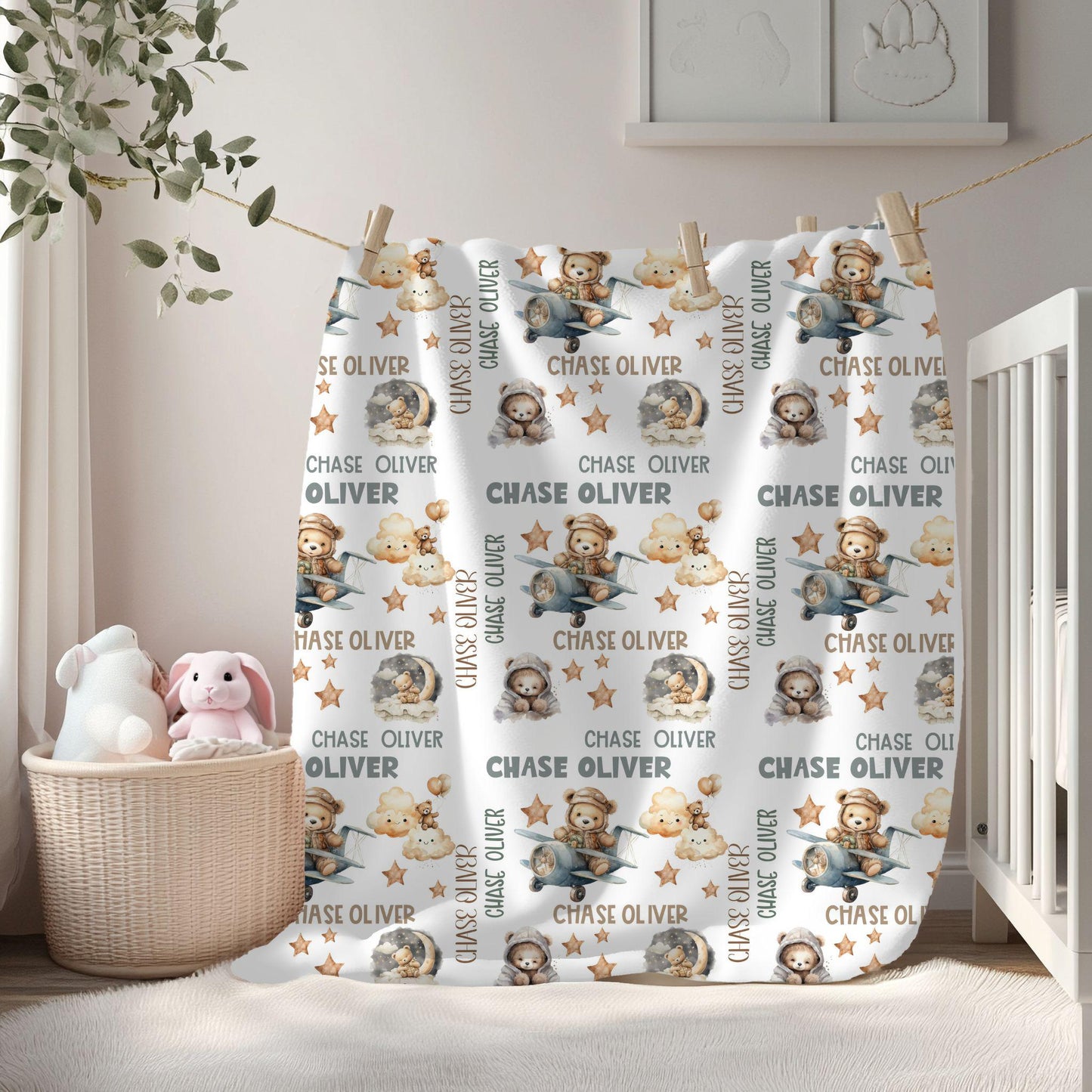 Baby Bear Airplane Nursery Personalized Baby Blanket