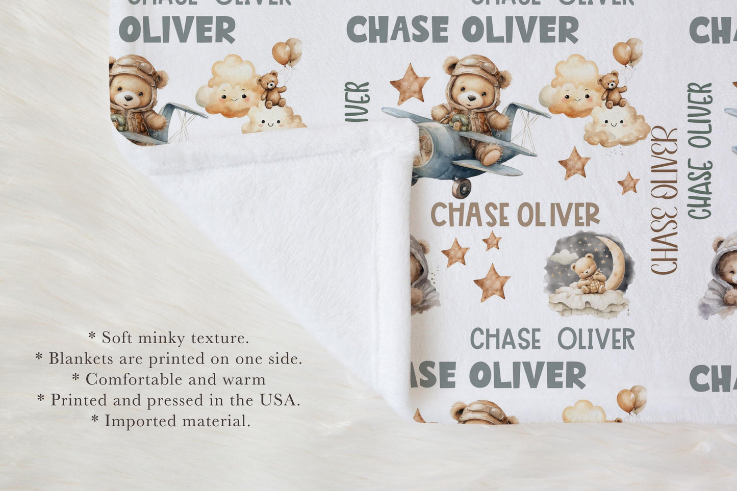 Baby Bear Airplane Nursery Personalized Baby Blanket