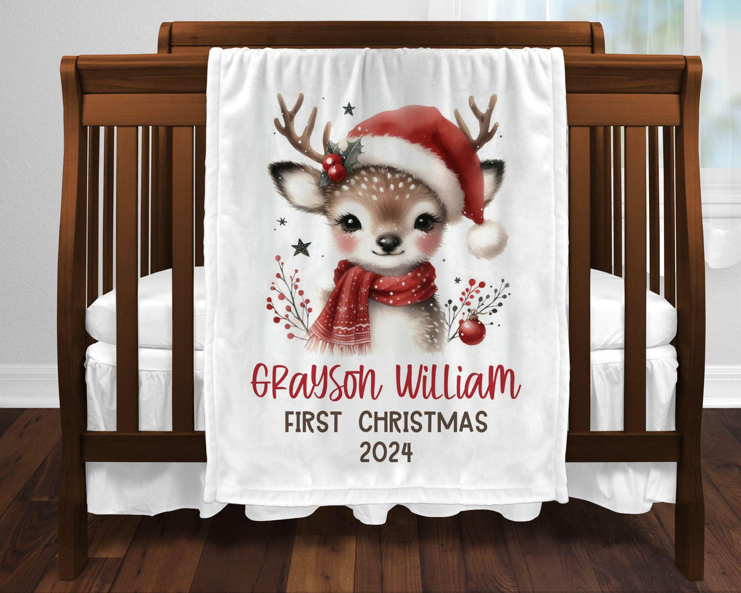 My First Christmas Reindeer Christmas Personalized Baby Blanket