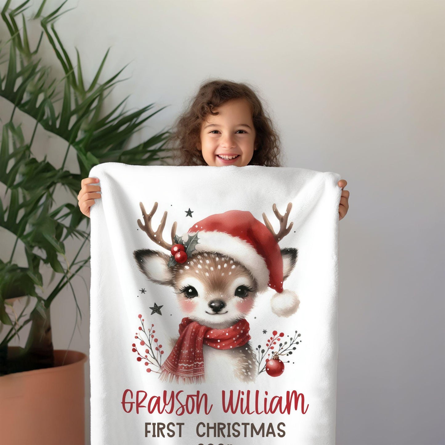 My First Christmas Reindeer Christmas Personalized Baby Blanket