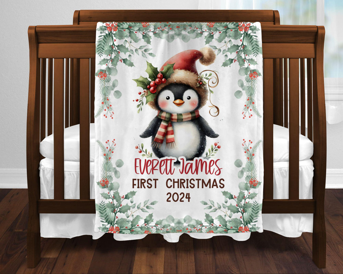 My First Christmas Penguin Christmas Personalized Baby Blanket