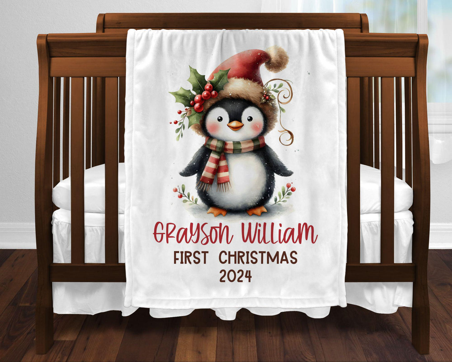 My First Christmas Penguin Christmas Personalized Baby Blanket