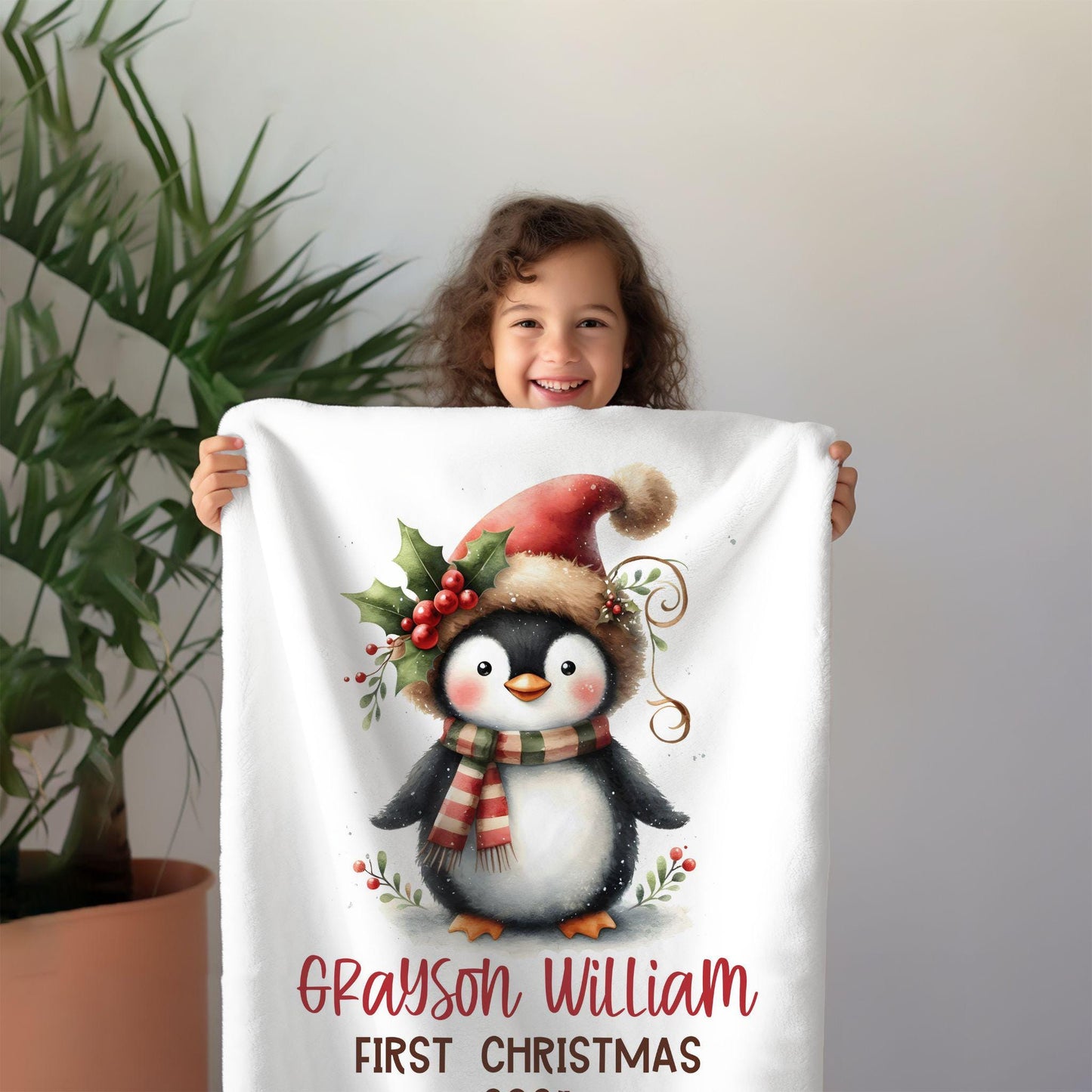 My First Christmas Penguin Christmas Personalized Baby Blanket