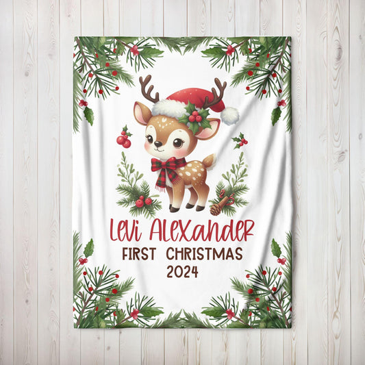 My First Christmas Reindeer Christmas Personalized Baby Blanket