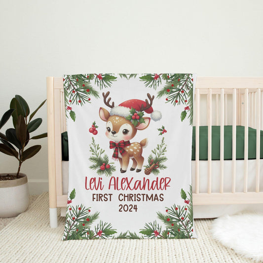 My First Christmas Reindeer Christmas Personalized Baby Blanket