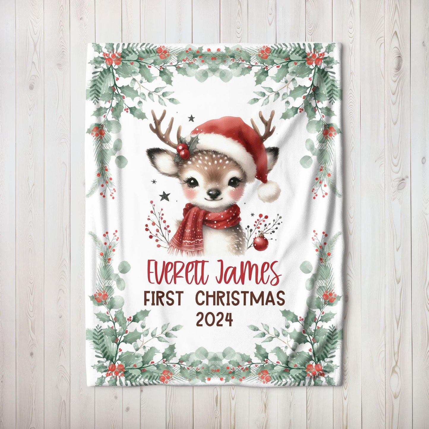 My First Christmas Reindeer Christmas Personalized Baby Blanket