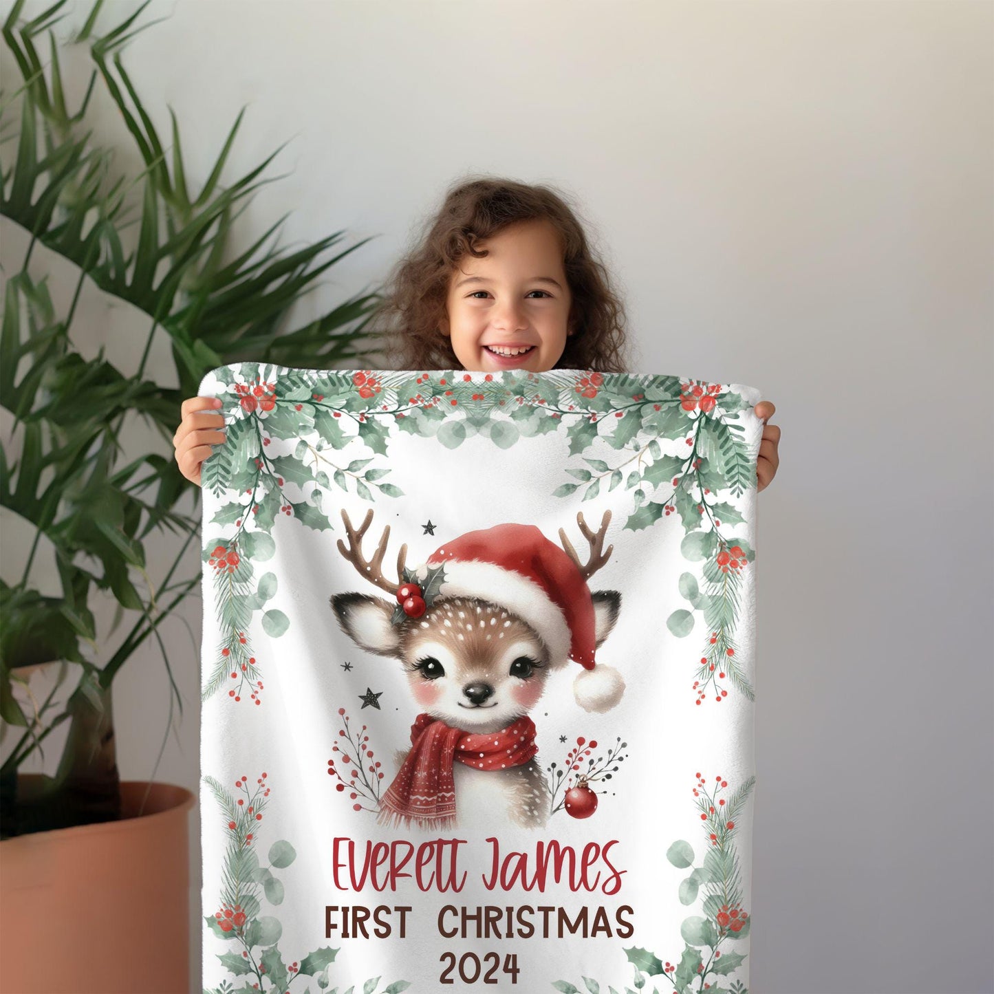 My First Christmas Reindeer Christmas Personalized Baby Blanket