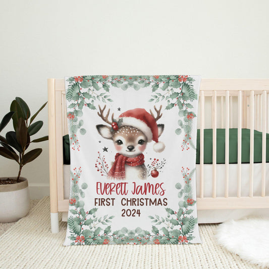 My First Christmas Reindeer Christmas Personalized Baby Blanket