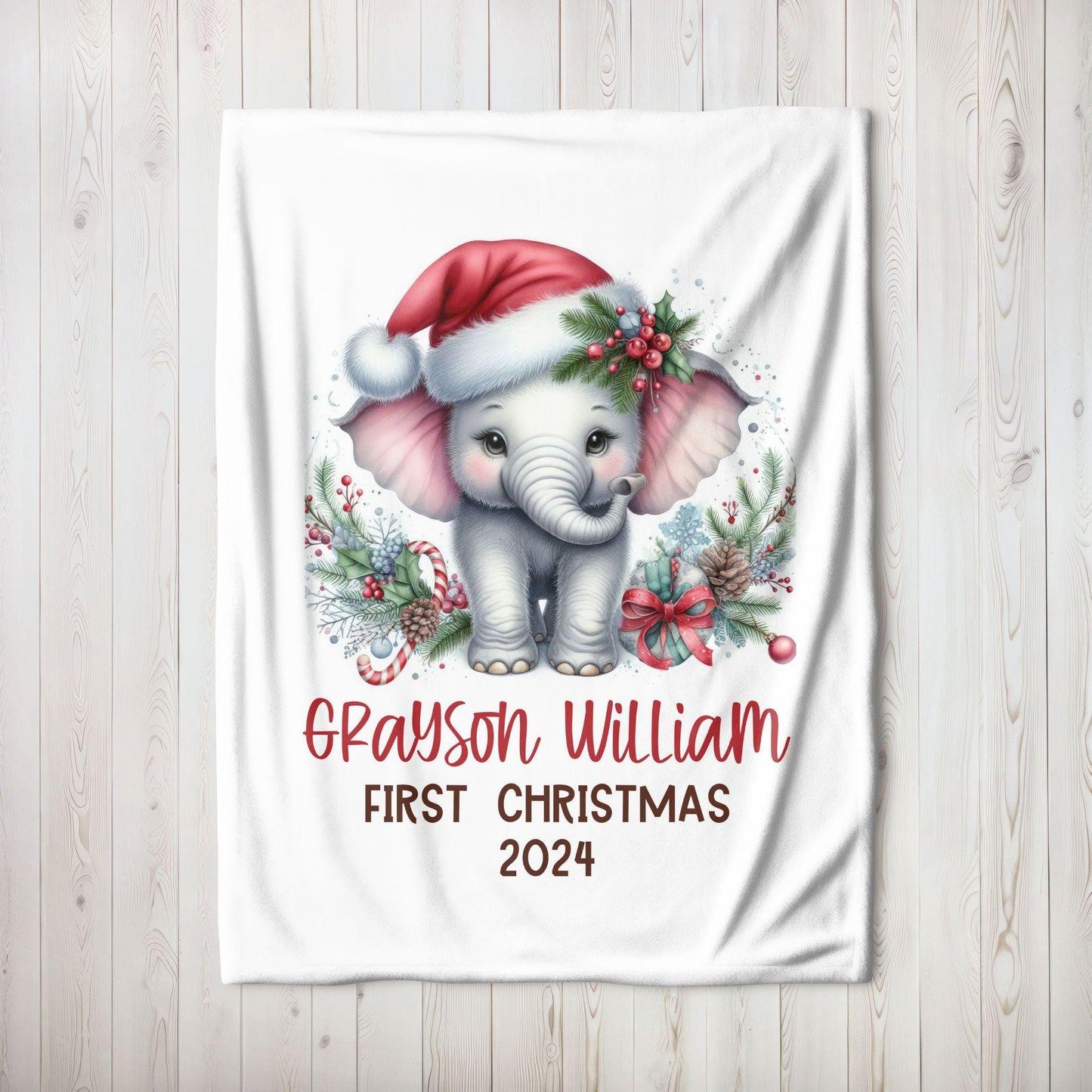 My First Christmas Elephant Safari Zoo Animals Personalized Baby Blanket