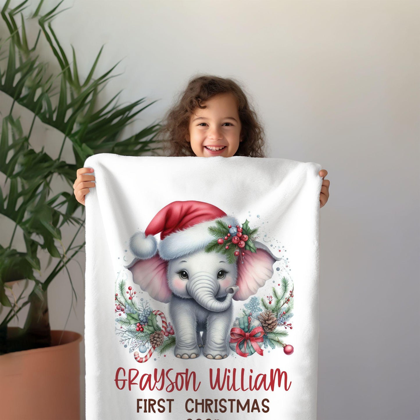 My First Christmas Elephant Safari Zoo Animals Personalized Baby Blanket