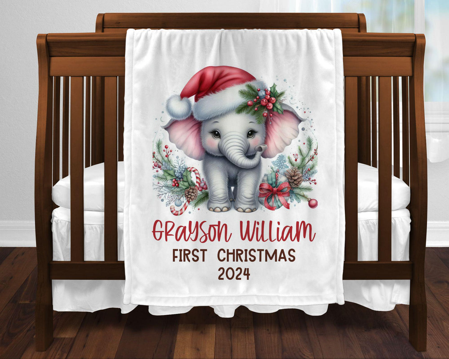 My First Christmas Elephant Safari Zoo Animals Personalized Baby Blanket