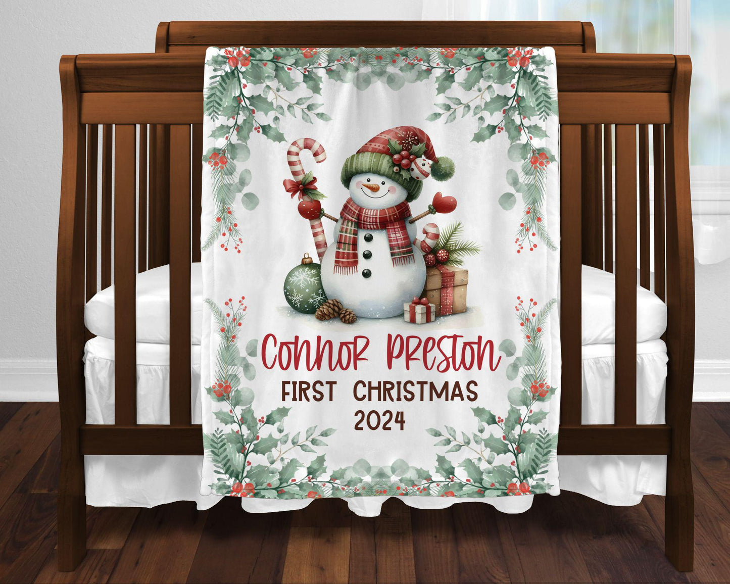 My First Christmas Snowman Personalized Baby Blanket