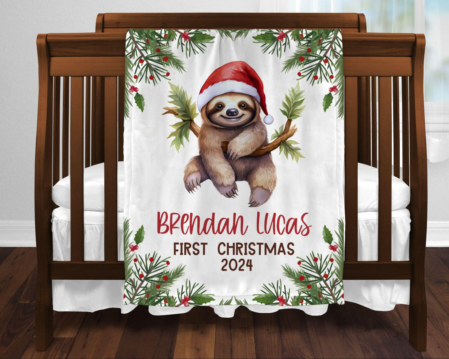 My First Christmas Sloth Personalized Baby Blanket