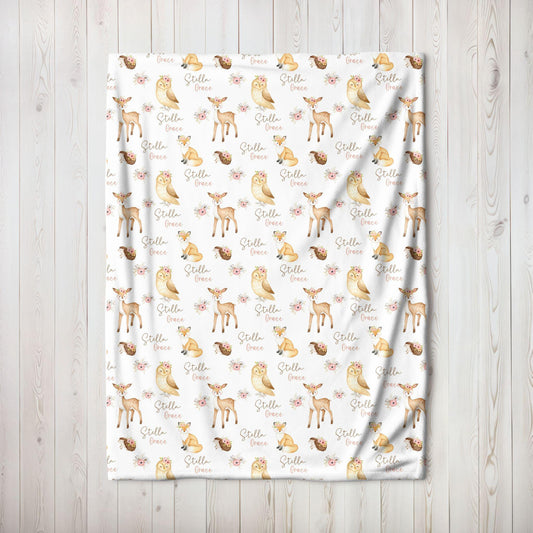 Woodland Animals Theme Floral Personalized Baby Blanket