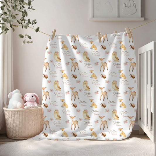 Woodland Animals Theme Floral Personalized Baby Blanket