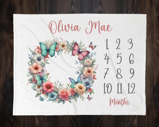 Floral Wreath Butterfly Milestone Blanket