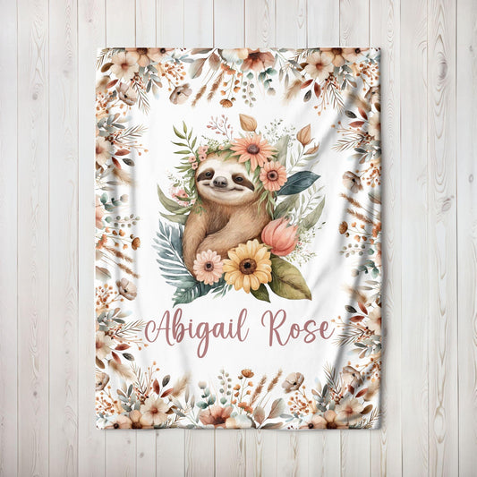 Baby Sloth Floral Personalized Baby Blanket