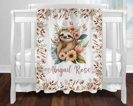 Baby Sloth Floral Personalized Baby Blanket