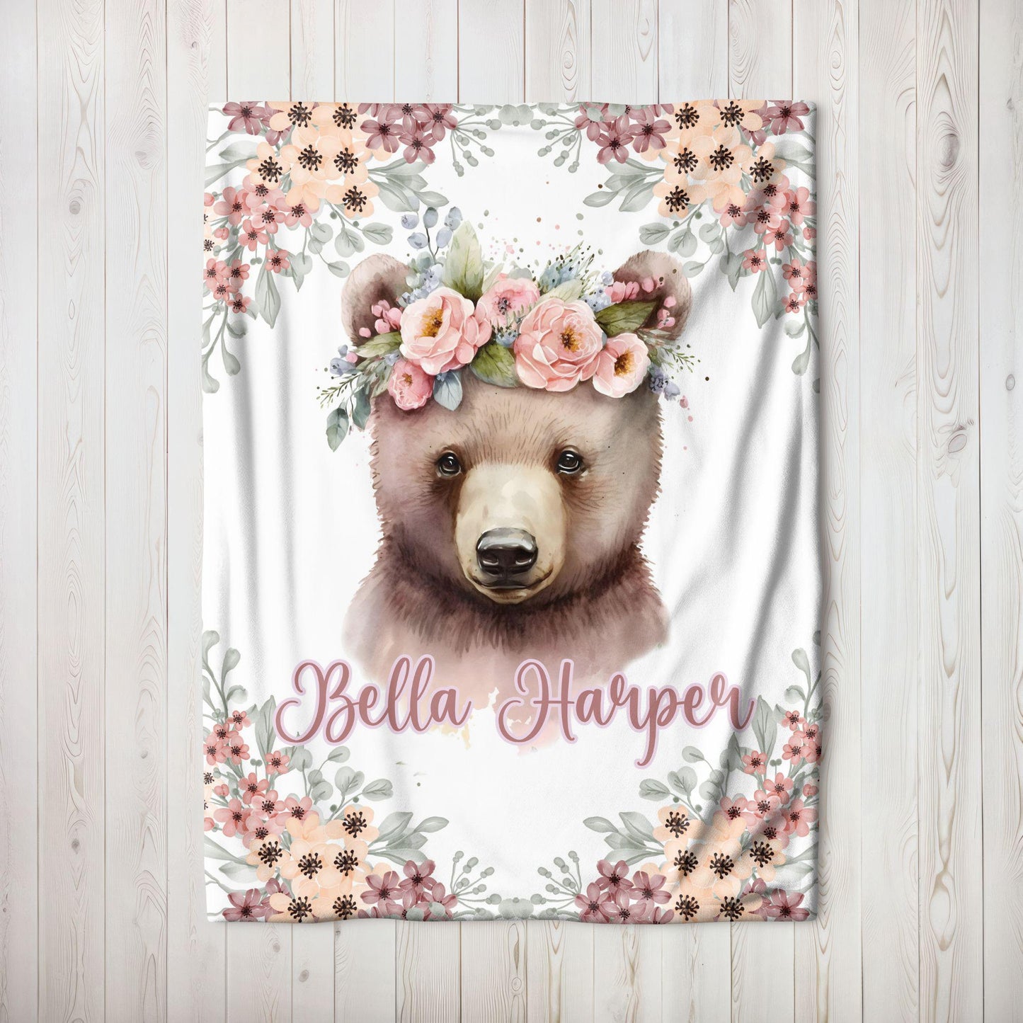 Baby Bear Floral Personalized Baby Blanket