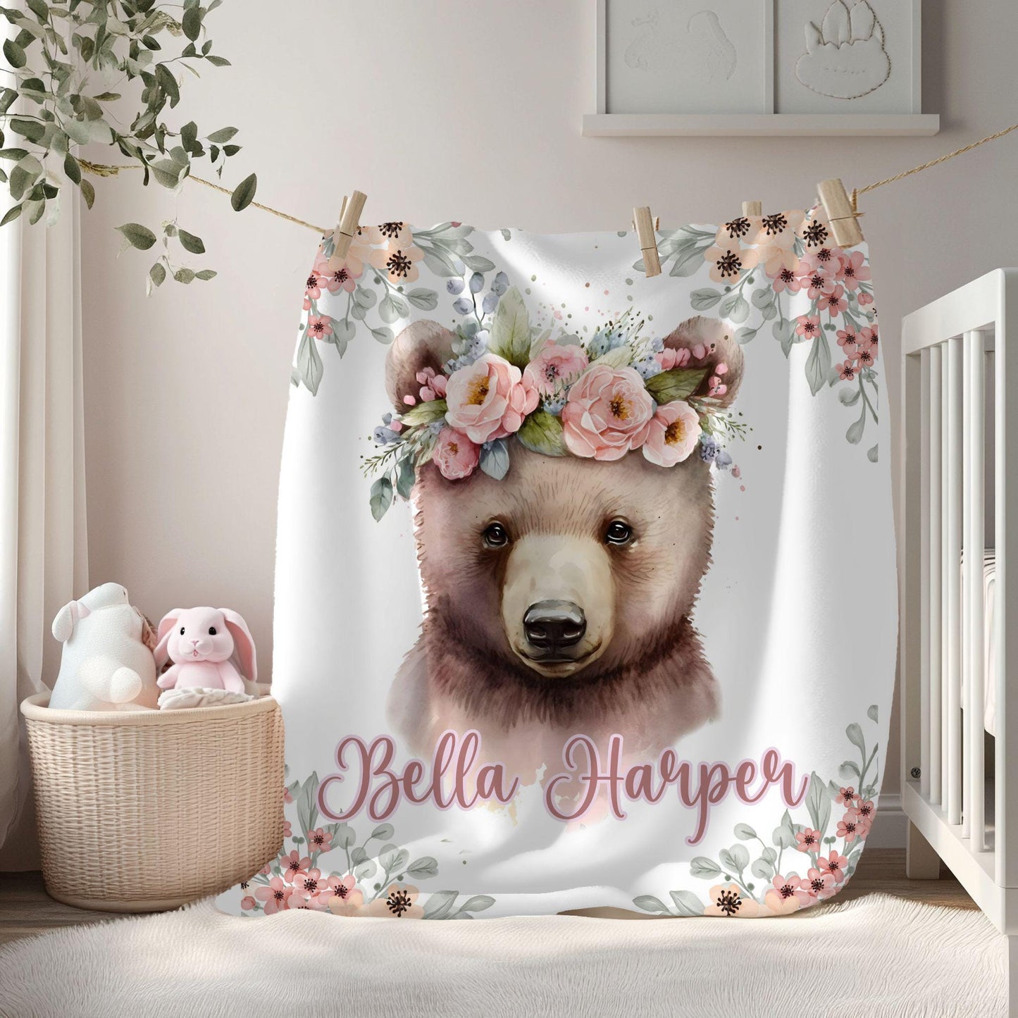 Baby Bear Floral Personalized Baby Blanket