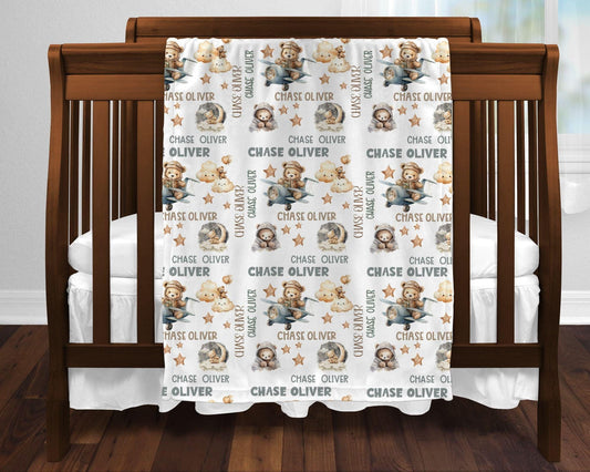 Baby Bear Airplane Nursery Personalized Baby Blanket