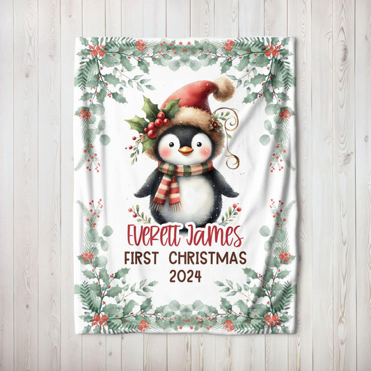 My First Christmas Penguin Christmas Personalized Baby Blanket