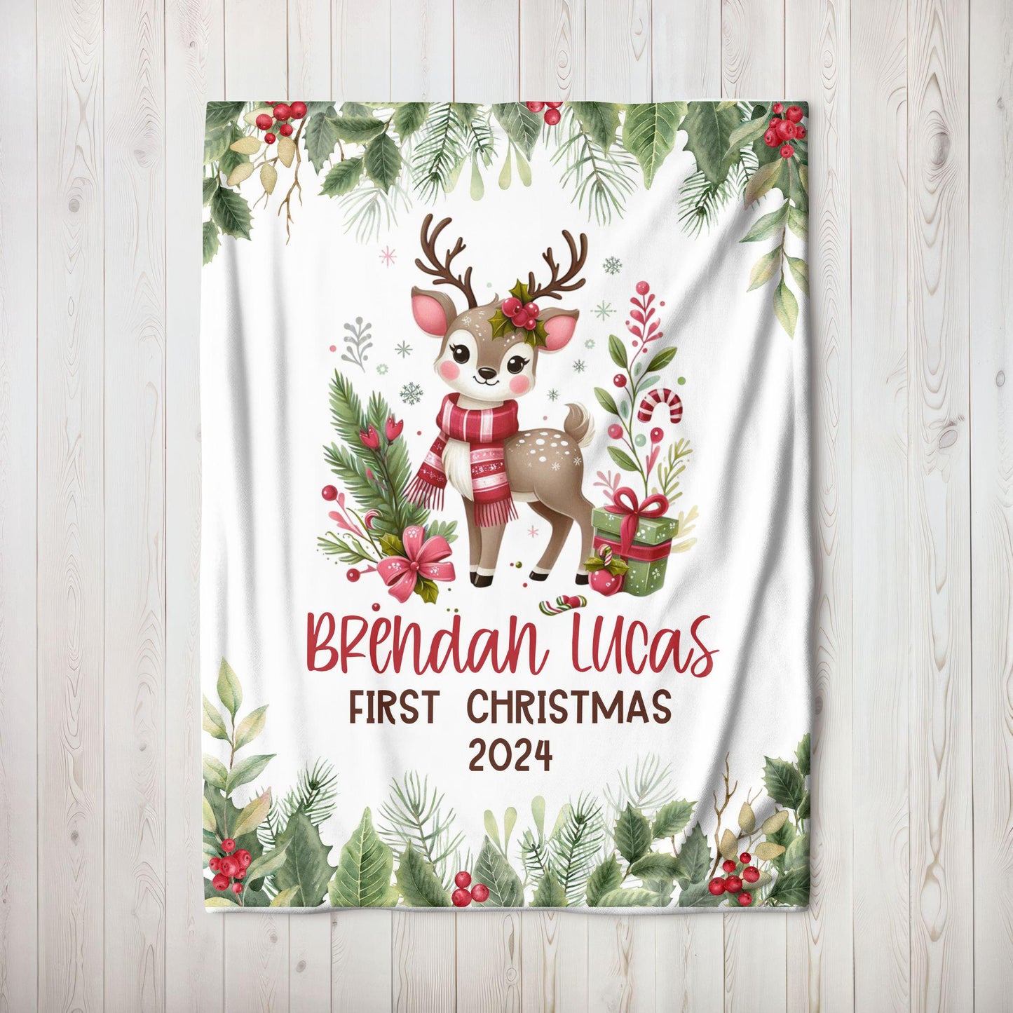 My First Christmas Reindeer Christmas Personalized Baby Blanket