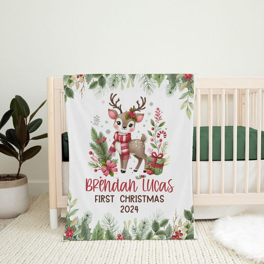 My First Christmas Reindeer Christmas Personalized Baby Blanket