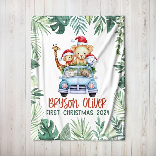 My First Christmas Safari Zoo Animals Personalized Baby Blanket