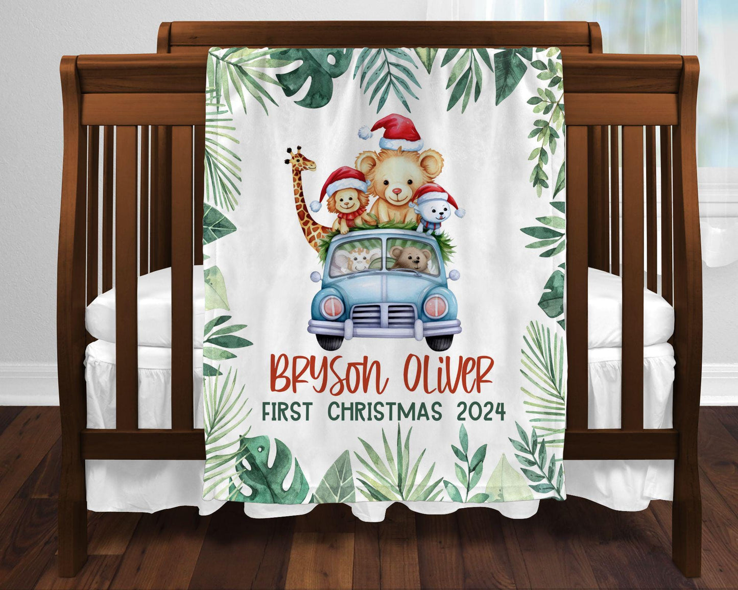 My First Christmas Safari Zoo Animals Personalized Baby Blanket