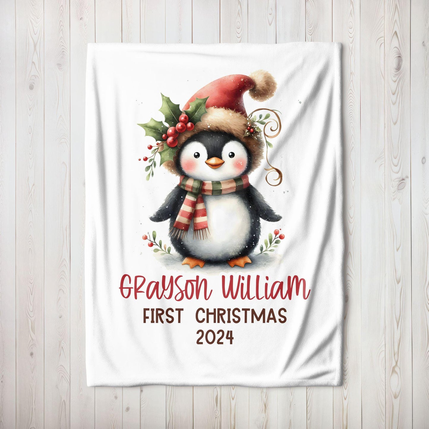 My First Christmas Penguin Christmas Personalized Baby Blanket