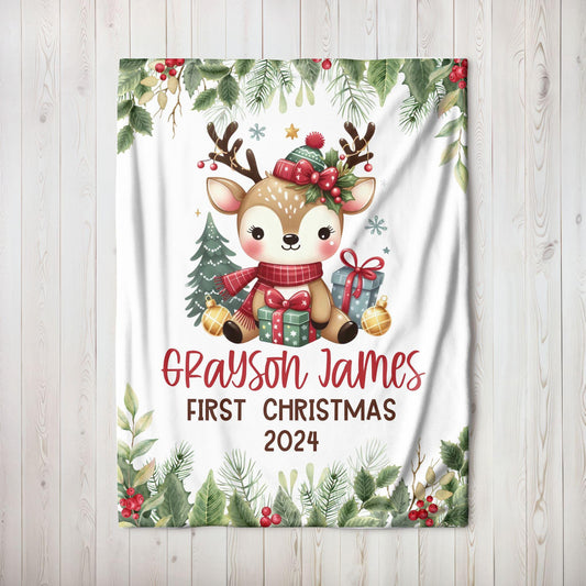 My First Christmas Reindeer Christmas Personalized Blanket