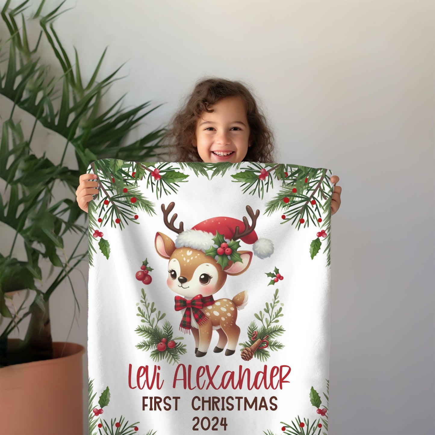 My First Christmas Reindeer Christmas Personalized Baby Blanket