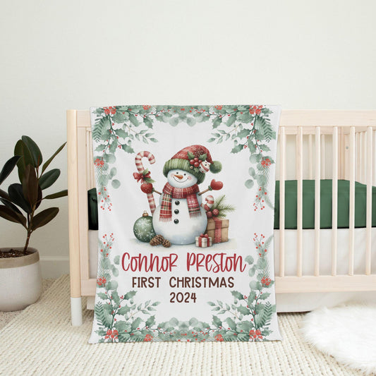 My First Christmas Snowman Personalized Baby Blanket