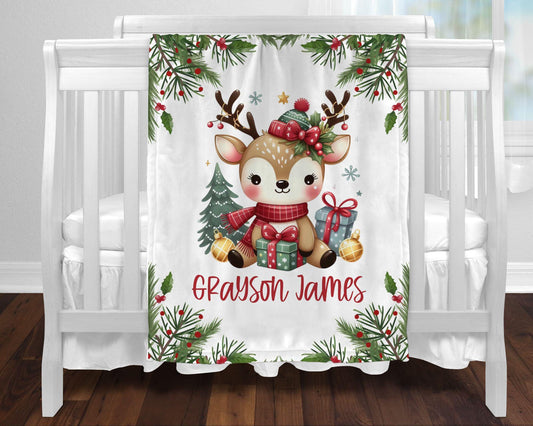 Christmas Reindeer Personalized Baby Kids Blanket