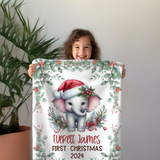 My First Christmas Elephant Safari Zoo Animals Personalized Baby Blanket