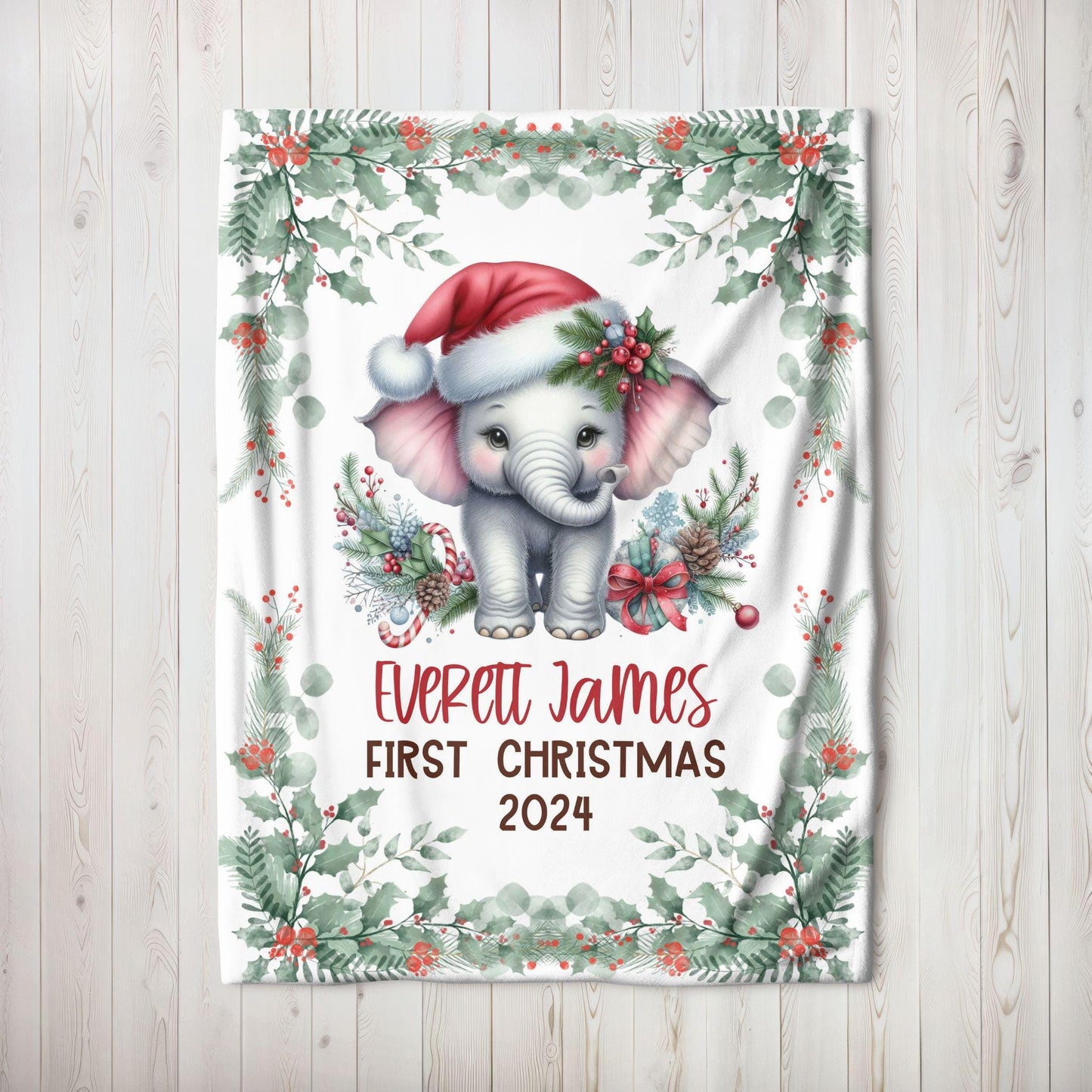 My First Christmas Elephant Safari Zoo Animals Personalized Baby Blanket